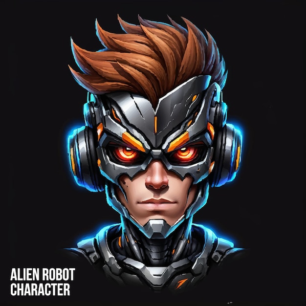 Vector robot with headphones cartoon character with black background