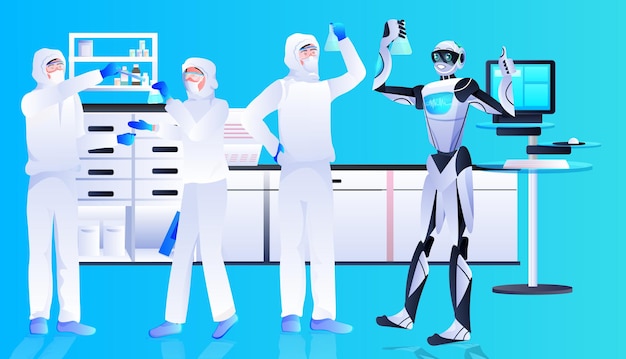 Vector robot with scientists in protective suits making experiments in lab genetic engineering artificial intelligence concept horizontal full length 