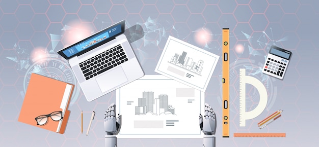 robotic architect hands drawing blueprint