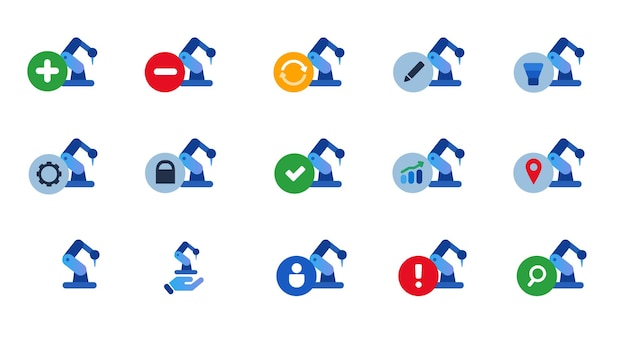 Robotic arm mechanic hand industrial equipment icon set collection isolated graphic