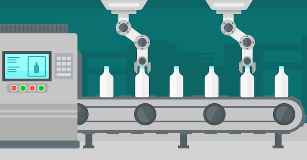 Robotic arm working on conveyor belt with bottles.