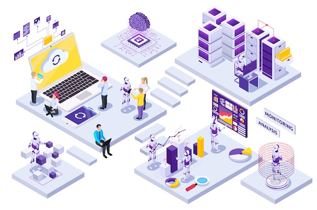 Robotic automation isometric composition with people working with robots