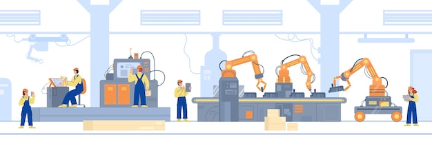 Robotic line with robot arms and conveyor belt flat vector illustration isolated