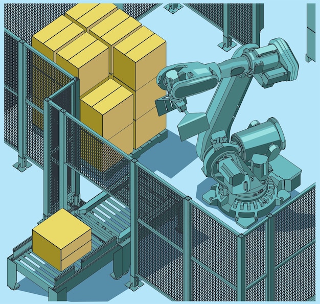 Vector robotic palletizing line isometric illustration