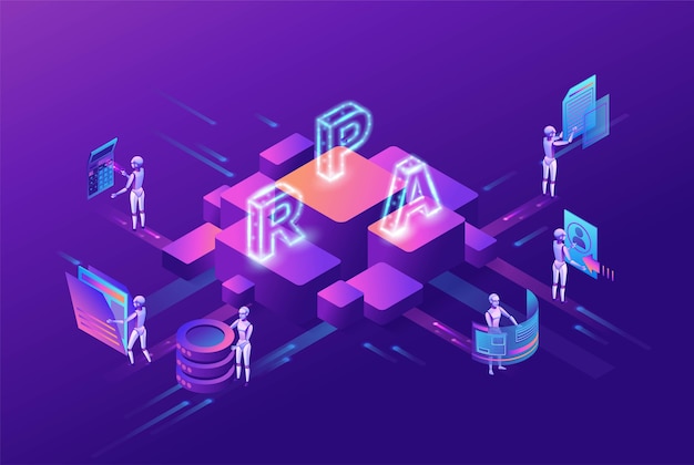 Robotic process automation concept with robots working with data