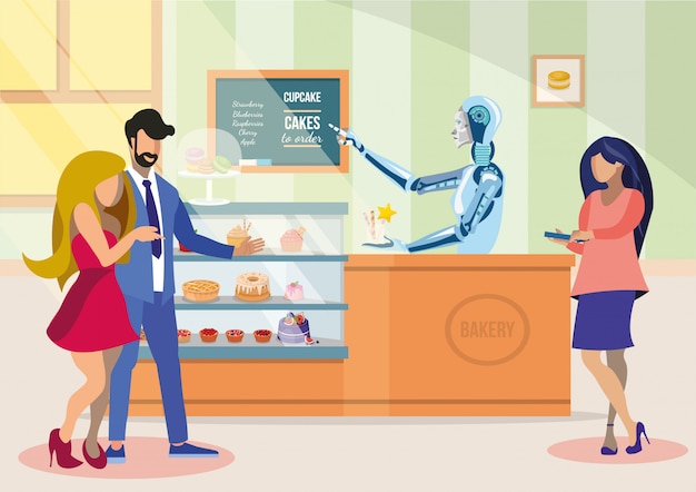 Robotic Shop Assistant in Bakery Flat Illustration.