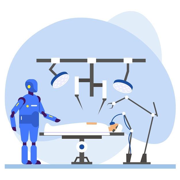 Vector robotic surgery concept, surgeon robot with patient in operating room vector, healthcare scene stock