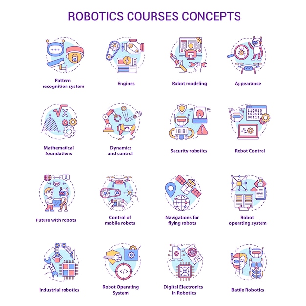 Robotics courses icons set.