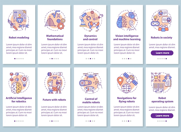 Robotics courses onboarding mobile app page screen linear set.
