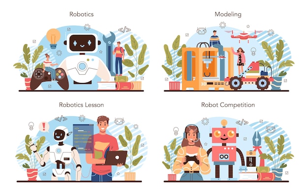 Robotics school course concept set robotic engineering and constructing lesson