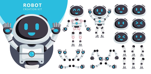 Robots character creator kit vector set. Robots editable character with pose and gestures of arms.