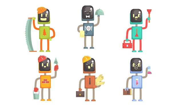 Vector robots of different professions collection waiter lumberjack plumber builder engineer scientist vector illustration