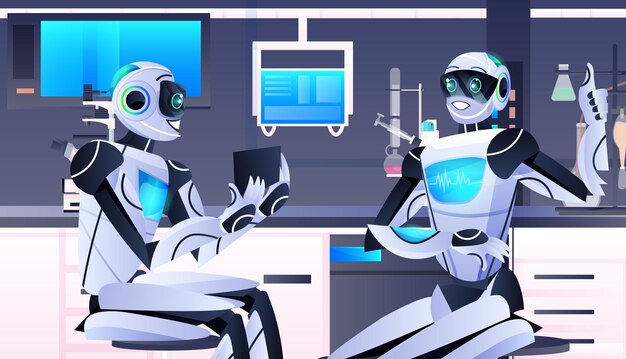 Vector robots holding test tube with liquid robotic chemists making experiments in lab genetic engineering artificial intelligence technology concept horizontal portrait vector illustration