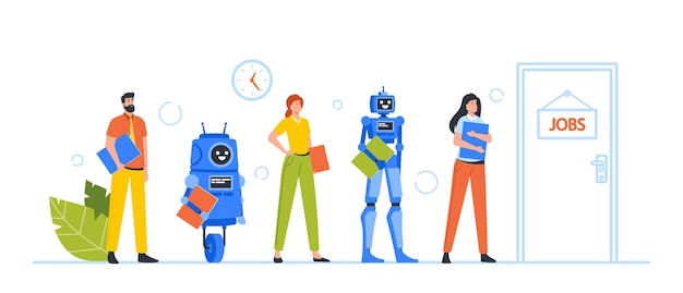 Vector robots and human applicants characters stand in queue waiting hiring interview at office hall hr robotization technologies cyborg vs people workers employment concept cartoon vector illustration