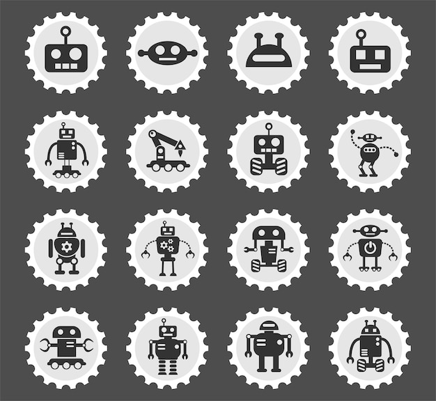 Robots symbols on a round postage stamp stylized icons