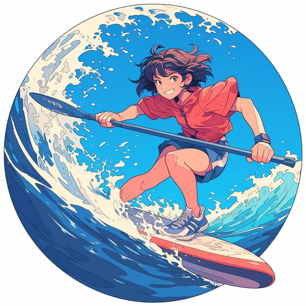 A Rochester girl rides a wave ski in cartoon style