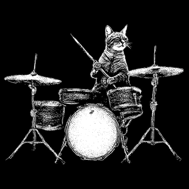 Vector rock cat playing hit drum music vector illustration engraving