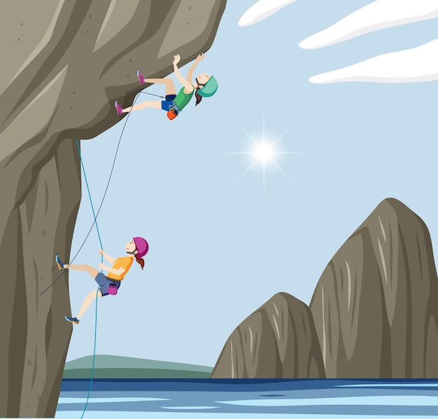 Vector rock climbing scene with woman on the cliff