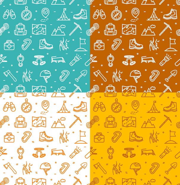 Rock Climbing Sign Seamless Pattern Background Set on a Blue Yellow and Brown Vector illustration of Extreme Sport