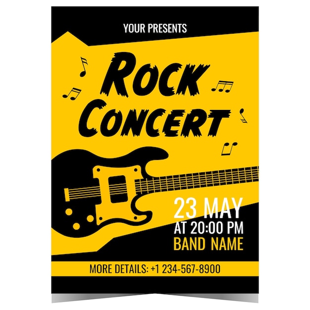 Rock concert vector design template with electric guitar and musical notes