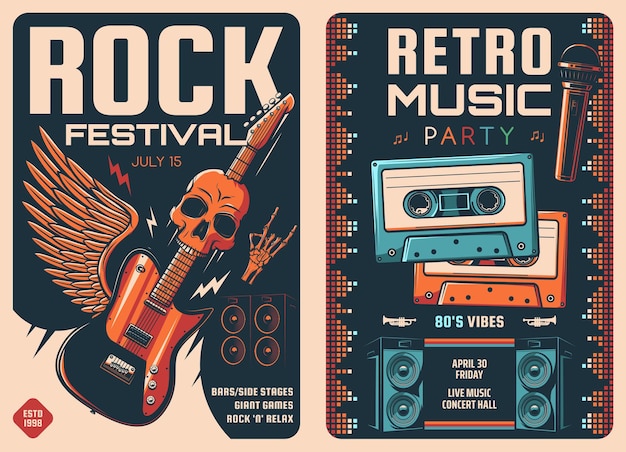 Rock festival and retro music party posters