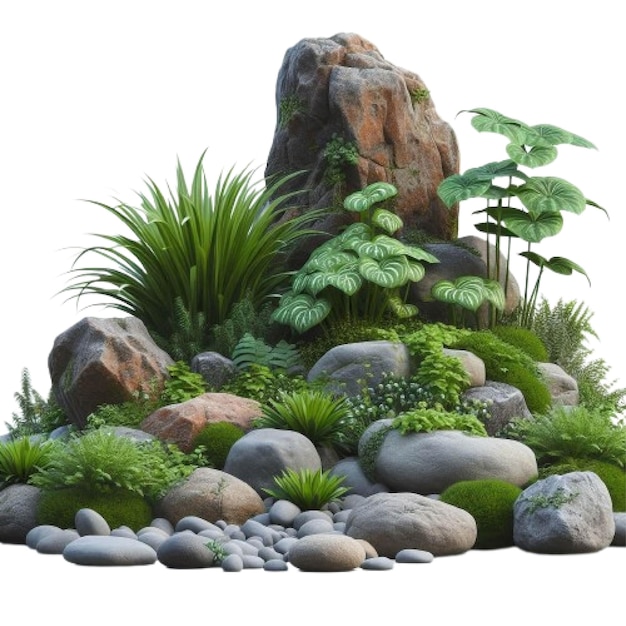 Vector a rock garden with green plants growing on it the are small and scattered some rocks