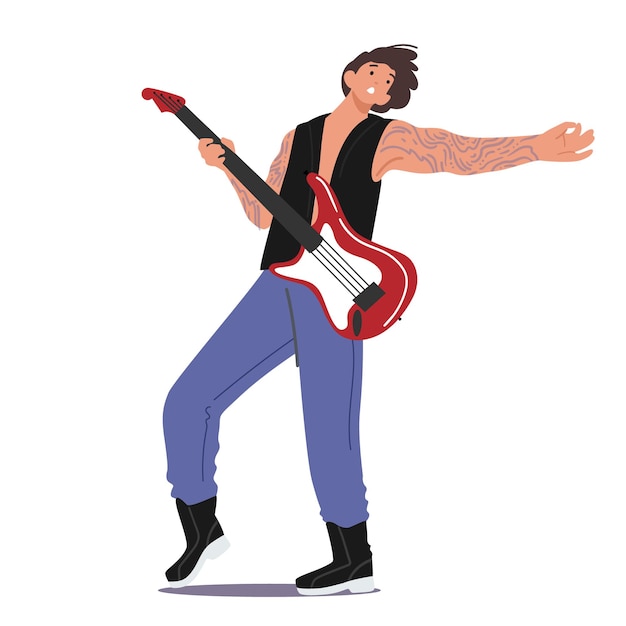 Rock Guitarist Male Character Wearing Jeans Playing on Electric Guitar, Isolated Artist with Amp Performing Concert