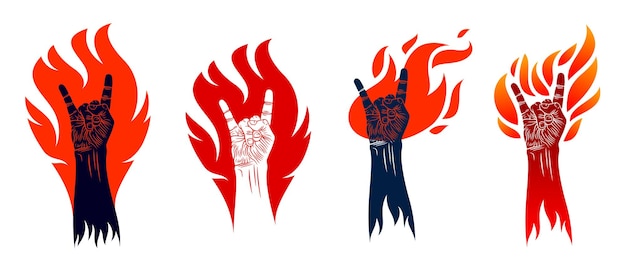 Rock hand sign on fire set, hot music Rock and Roll gesture in flames, Hard Rock festival concert or club, vector labels emblems or logos, musical instruments shop or recording studio.