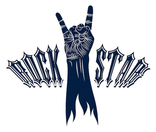 Vector rock hand sign, hot music rock and roll gesture, hard rock festival concert or club, vector label emblem or logo, musical instruments shop or recording studio.