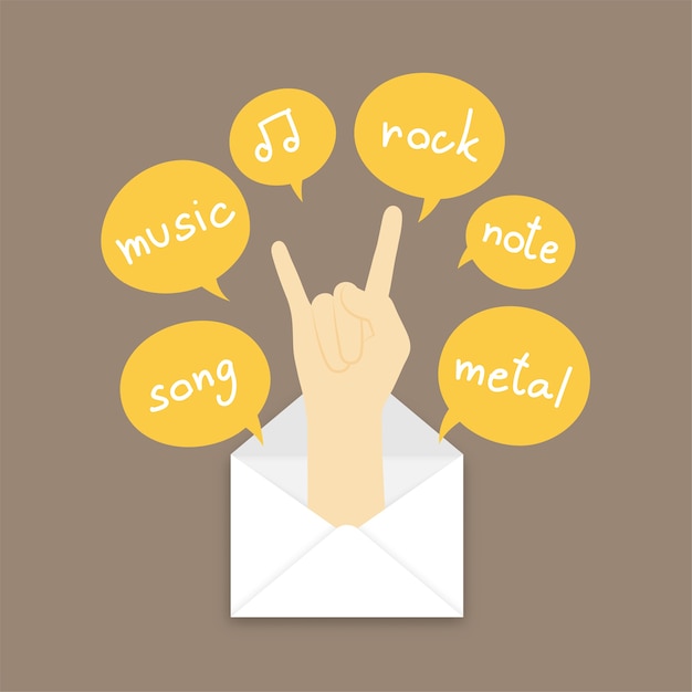 Rock hand sign language pop up from mail and text box on brown color background