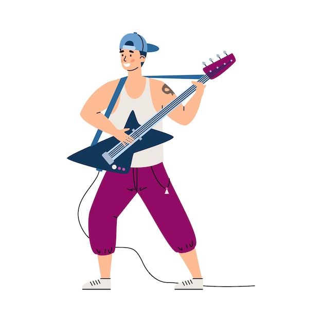 Vector rock music guitarist male cartoon character flat vector illustration isolated