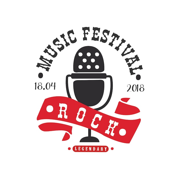 Rock music legendary festival logo black and red poster with vintage microphone vector Illustration isolated on a white background