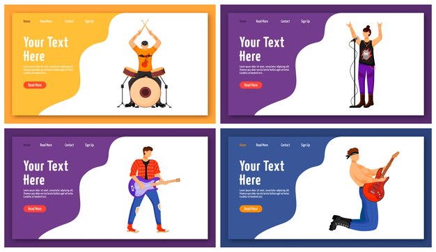 Vector rock musicians landing page  template. music band members website interface idea with  illustrations. people playing musical instruments homepage layout. web , webpage cartoon concept