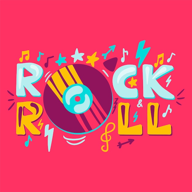 Rock n roll label with vinyl. Retro music symbol. Heavy metal sign. Vector