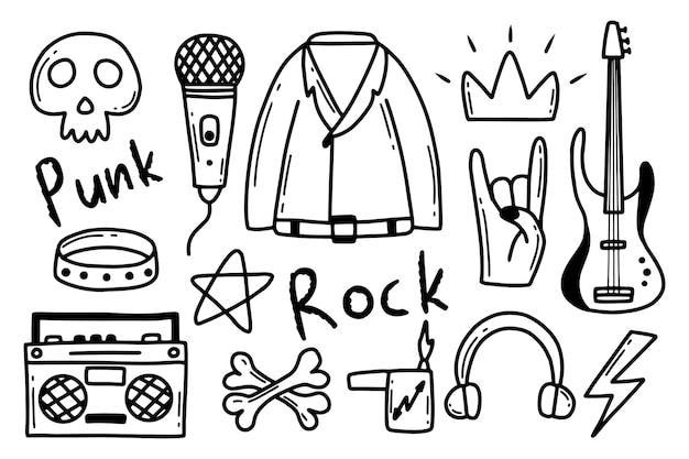 Rock n roll punk music doodle set Graffiti tattoo hand drawn sticker text skull heart skate gesture hand Grunge rock vector illustration