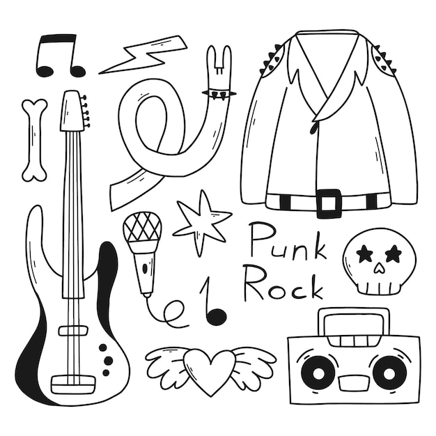 Rock n roll punk music doodle set Graffiti tattoo hand drawn sticker text skull heart skate gesture hand Grunge rock vector illustration