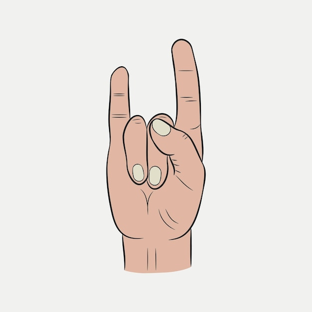 Rock and Roll hand sign. Heavy metal music symbol in cartoon style. Vector illustration.