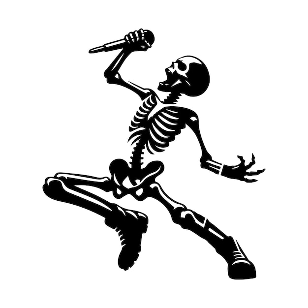 Rock star skeleton with a microphone Vector illustration in black and white