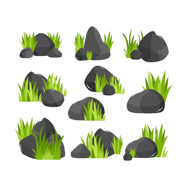 Rock Stone Cartoon Illustration Isolated In White Grass Rock Cartoon Illustration