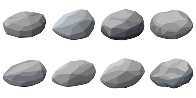 Vector rock stone set cartoon cobble stone game objects vector grey rock stone isolated on white