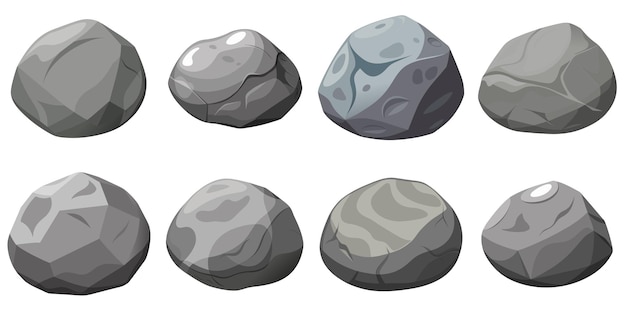 Vector rock stone set cartoon cobble stone game objects vector grey rock stone isolated on white