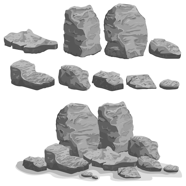 Rock stone set cartoon. Stones and rocks in isometric 3d flat style. Set of different boulders