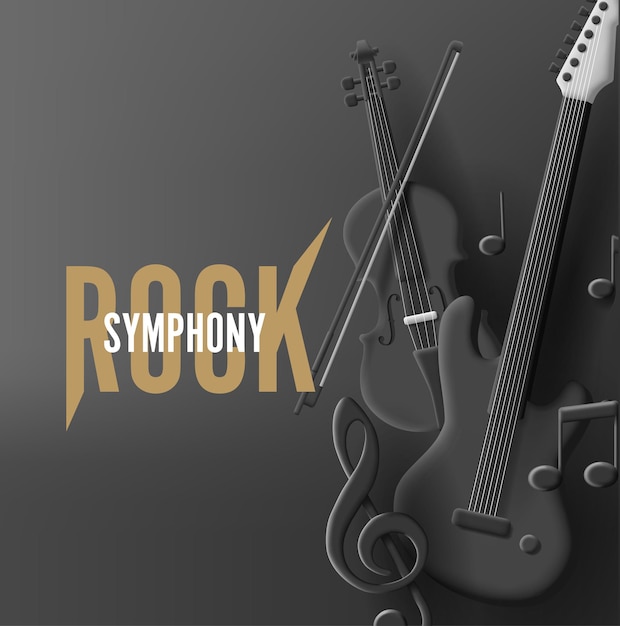 Rock symphony poster with 3d render black guitar and violine in composition with clef and notes