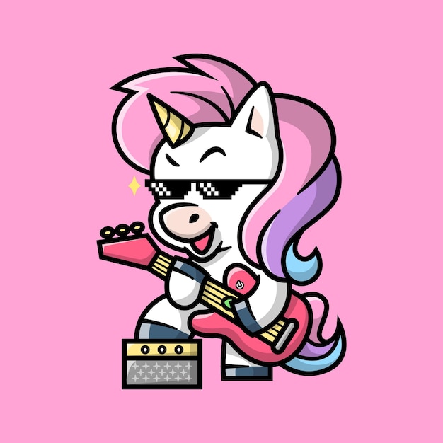 A ROCKER UNICORN IS PLAYING GUITAR AND WEARING BLACK GLASSES