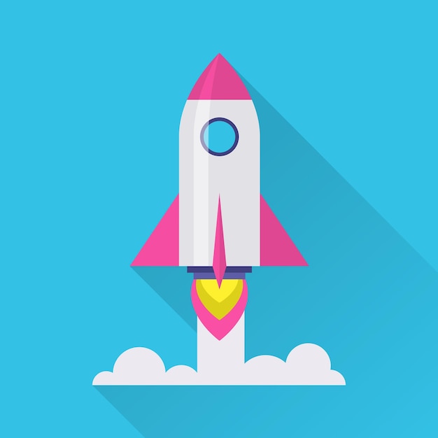 Rocket flat icon Rocket launch takeoff phase of the flight icon new venture or project start up innovative plan Cartoon illustration with long shadow on blue background Business success concept