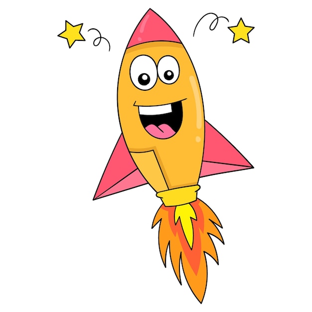 Rocket flying into space happy face doodle icon image kawaii