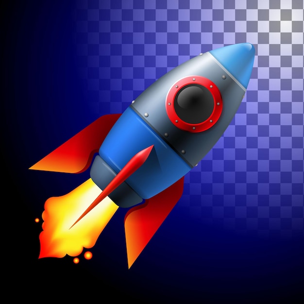 Rocket icon 3d cartoon style minimal spaceship Toy rocket upswing spewing fire Vector image