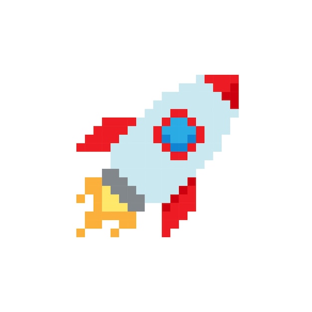 Rocket icon in retro game style Pixel art Vector illustration