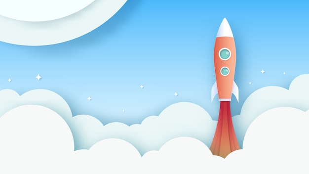 Rocket is flying on the sky. Business concept vector paper art style