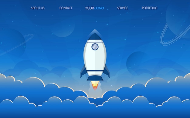 rocket landing page with blue sky